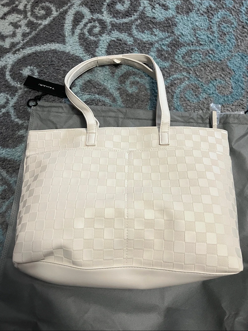 Tahari Ivory Checker-Panel Tote